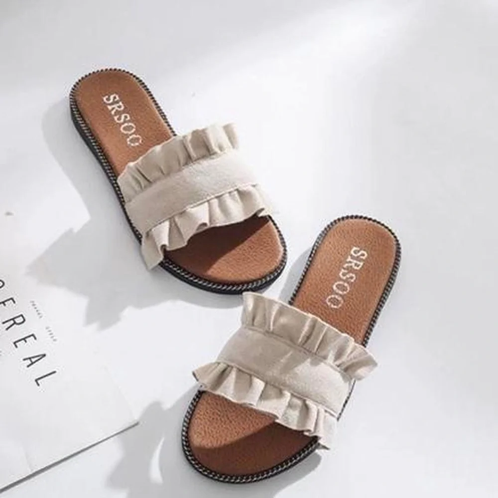 Almond Ruffle Trim Slide Sandals - Picture 1 of 3